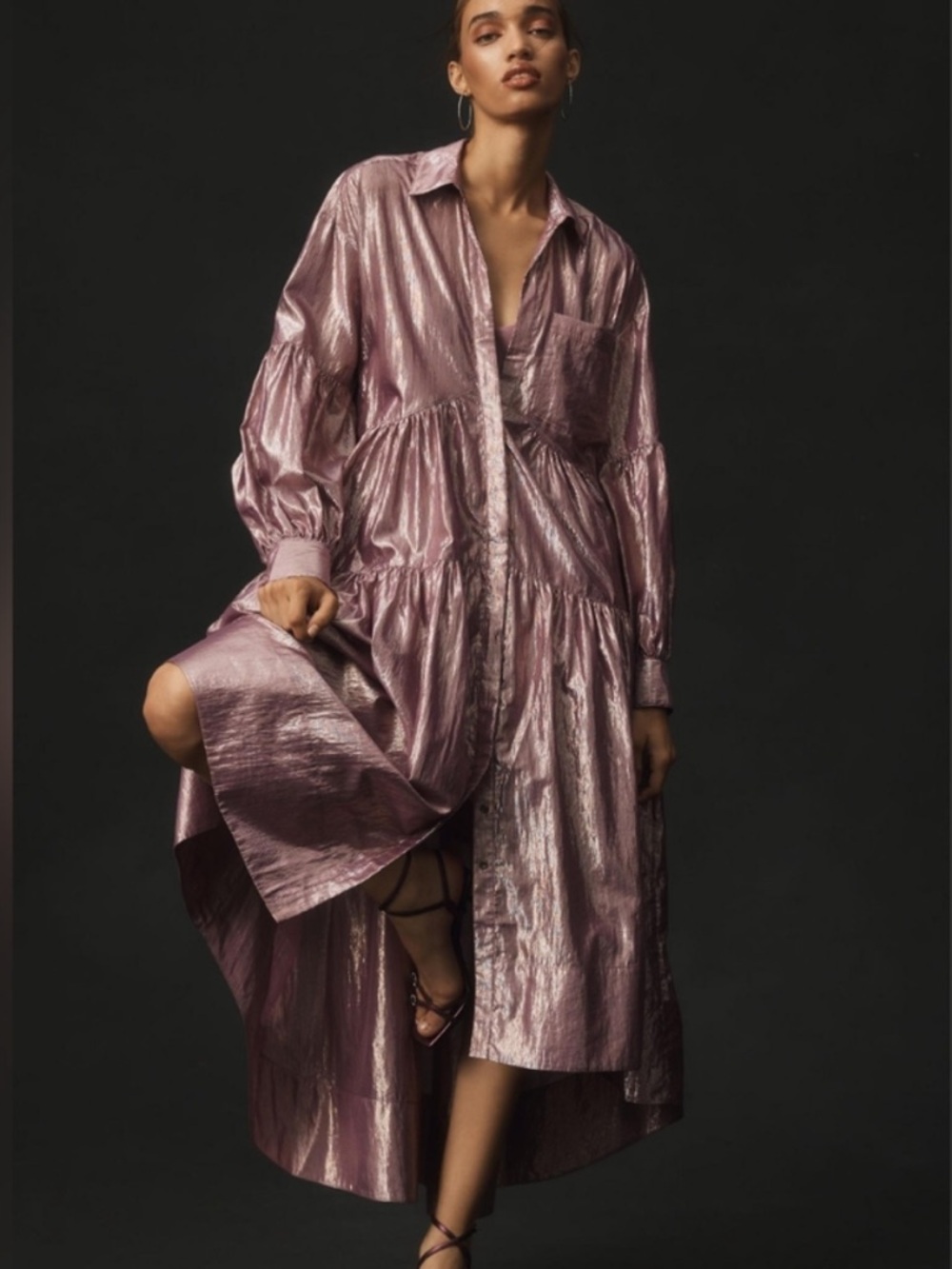 Anthropologie Long Sleeve V Neck Metallic High Low Dress Womens Size M